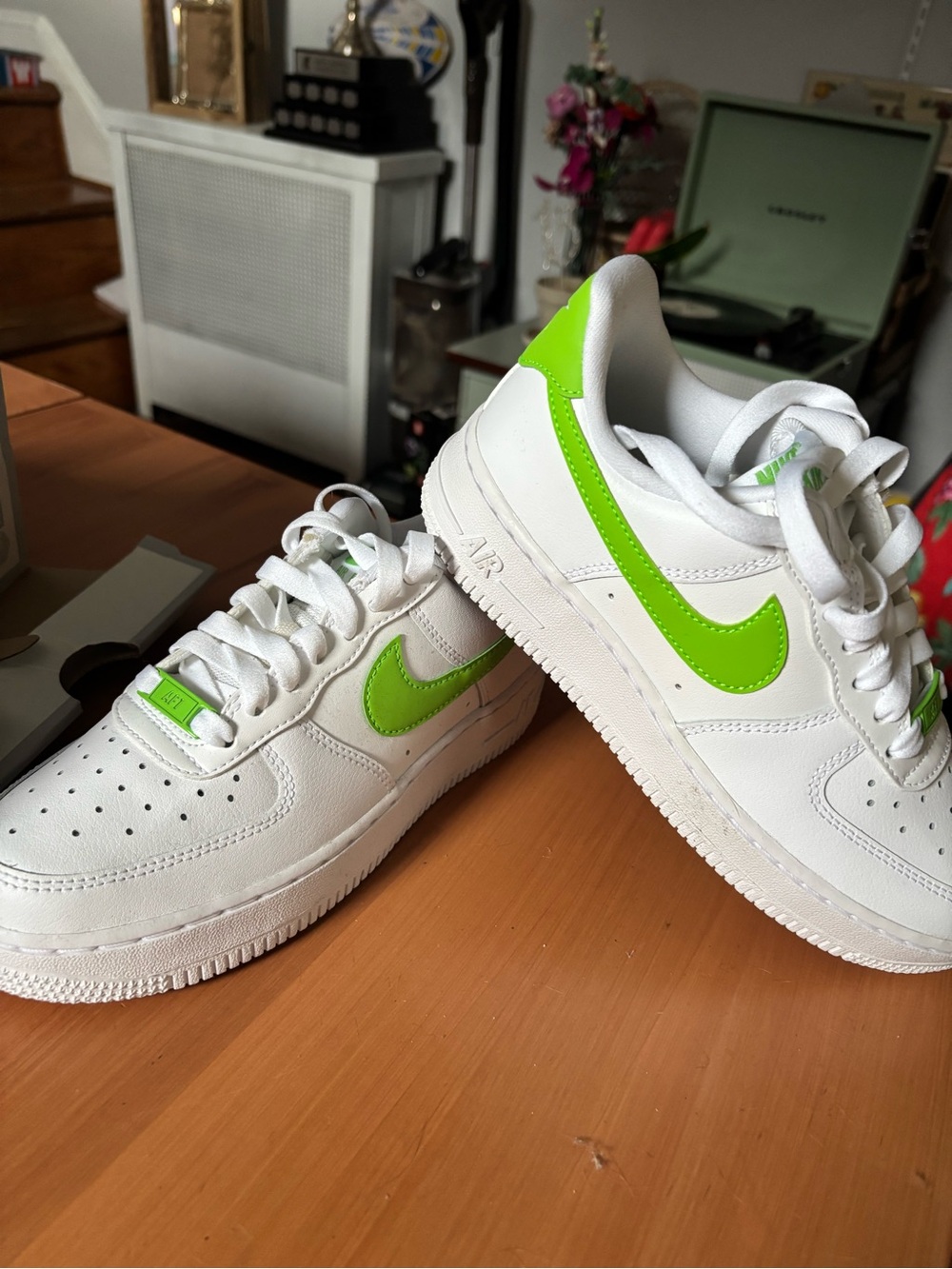 Nike White Sneakers with Bright Green Swoosh image 4